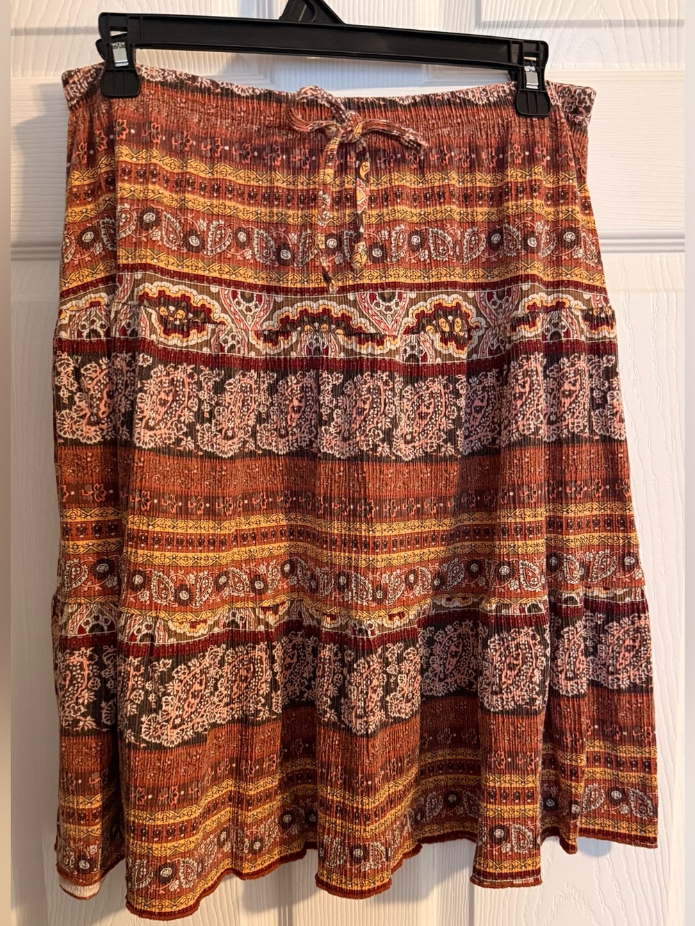 Boho Tiered A-Line Midi Skirt in Rust Paisley